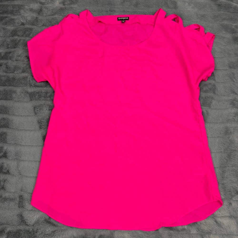 Express Womens Neon Pink Strappy Lattice Shoulder Short Sleeve Blouse Size M